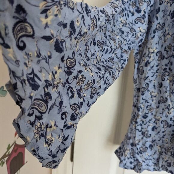Boho Blouse Ruffled Sleeve Edge Paisley Print Blue Small @E - Picture 2 of 9